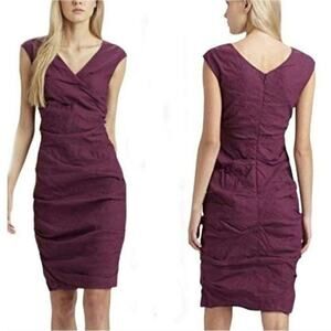 Eileen Fisher V Neck Sleeveless Shirred Cotton Silk Purple Midi Dress Size 10